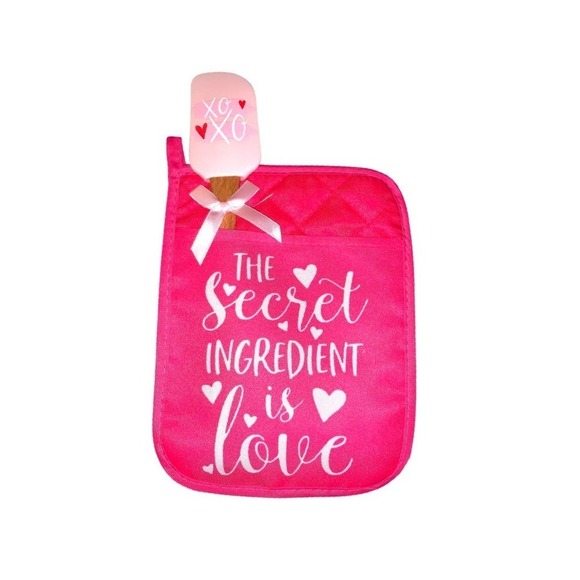 Pink Valentine's Day Oven Mitt and Spatula Bundle Secret ingredient is Love - Picture 1 of 4